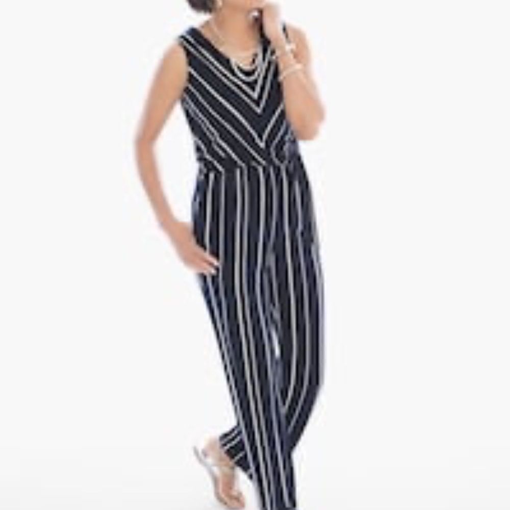 Chico's Knit Kit Vertical Stripe Jumpsuit  Ink/White Size 2 (12/14 -Large)